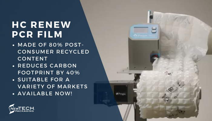 Create a graphic for the blog (can also be used in social) with these key points HC Renew PCR Film Made of 80% post-consumer recycled content Reduces carbon footprint by 40% Suitable for a variety of markets Available now!